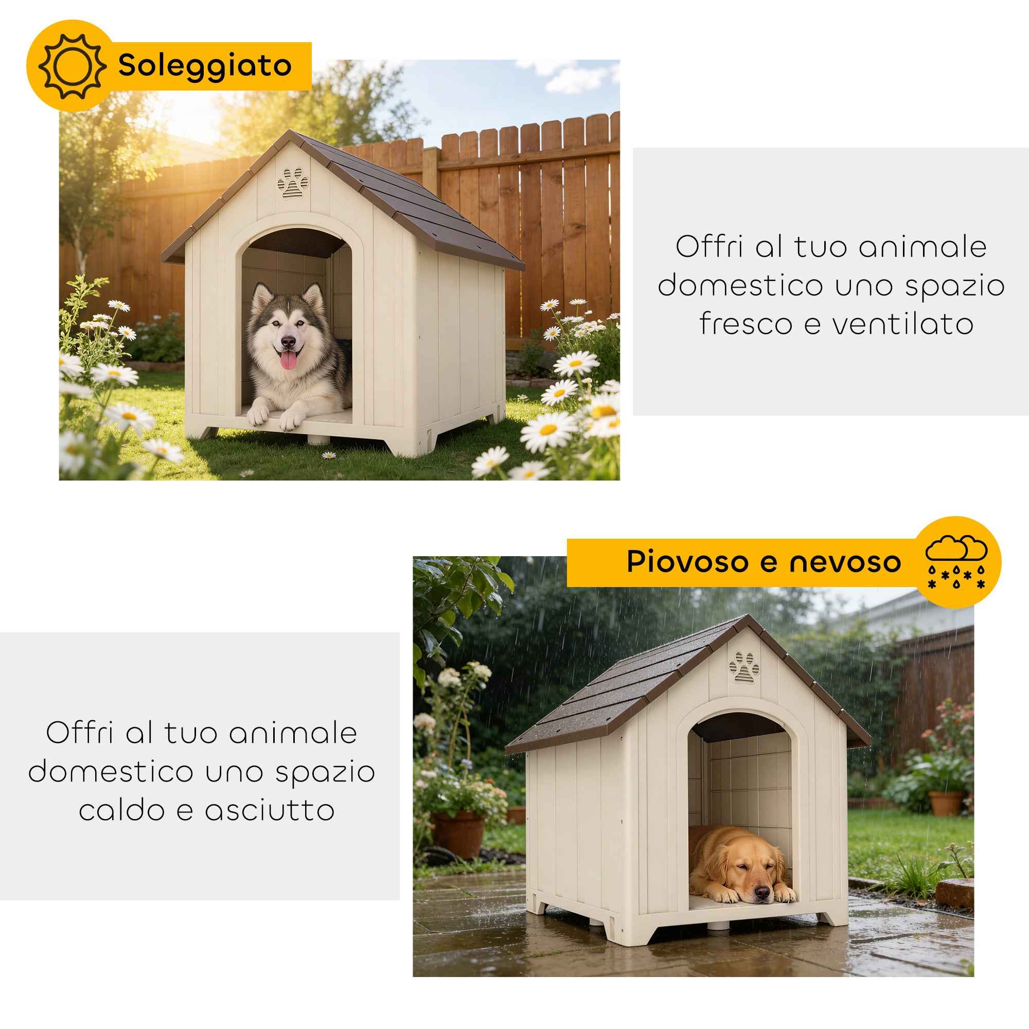 PawHut Raised Dog Kennel with Sloped Roof and Air Vents, PP, 102x94x103 cm, Beige and Dark Brown