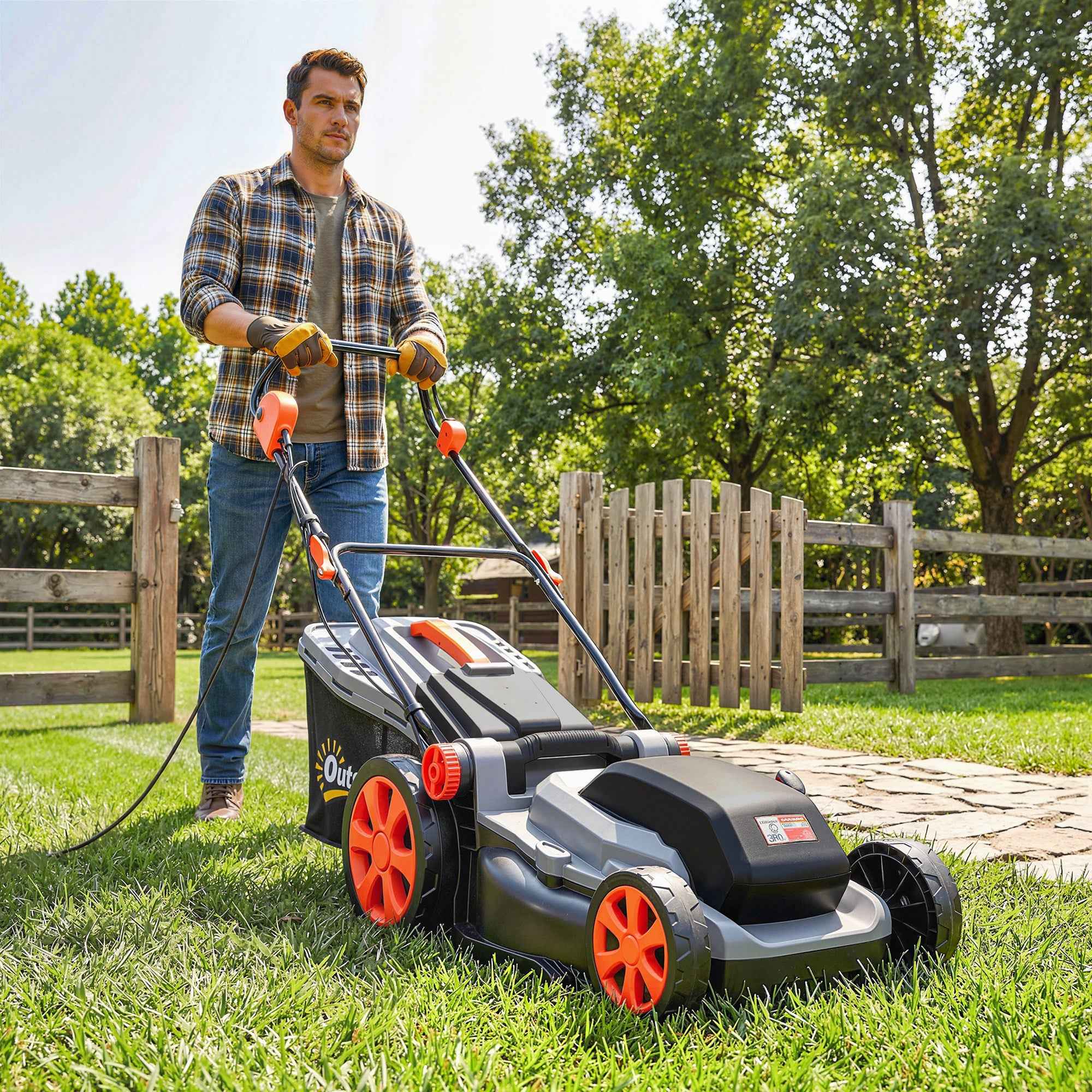 Outsunny 1800W Electric Lawn Mower with 50L Bag, Adjustable Handle, 6 Cutting Heights, Light Grey