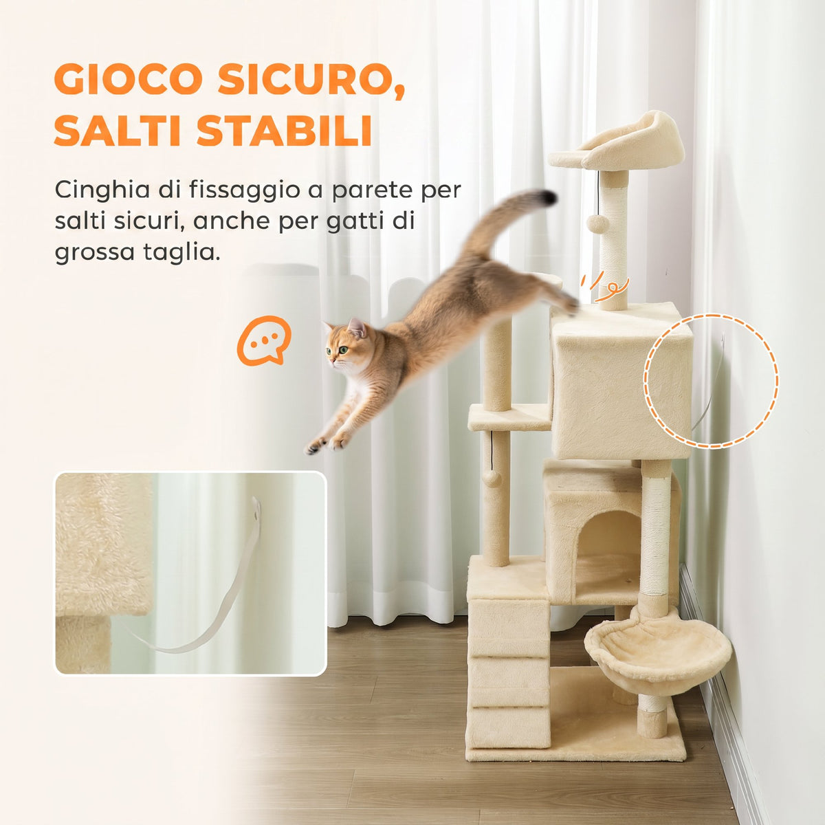 PawHut Cat Tree, 140 cm Tall, with 2 Cat Houses, Hammock, Bed and Sisal Posts, Beige