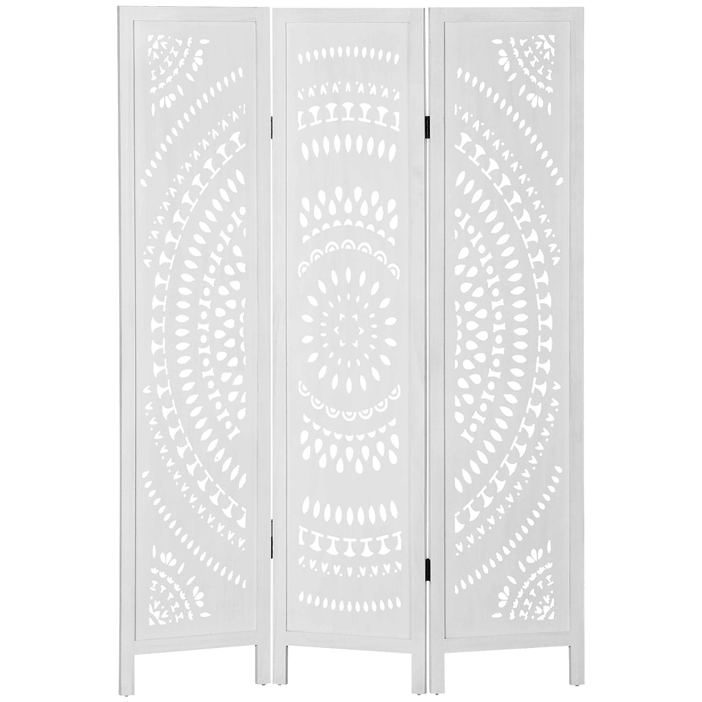 3-Panel Folding Room Divider Screen, Carved Wood, 120x170cm, White