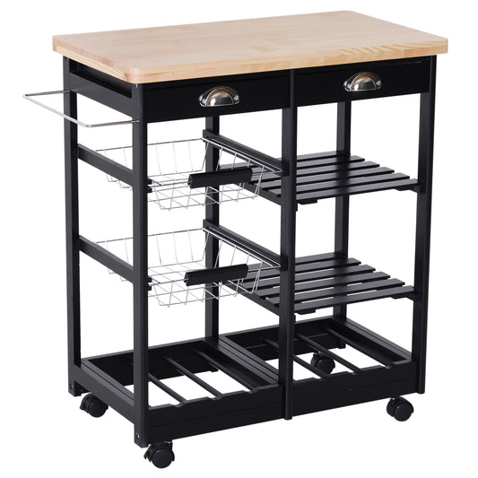 Kitchen trolley with drawers and wine bottle holder in wood and black - Borgè