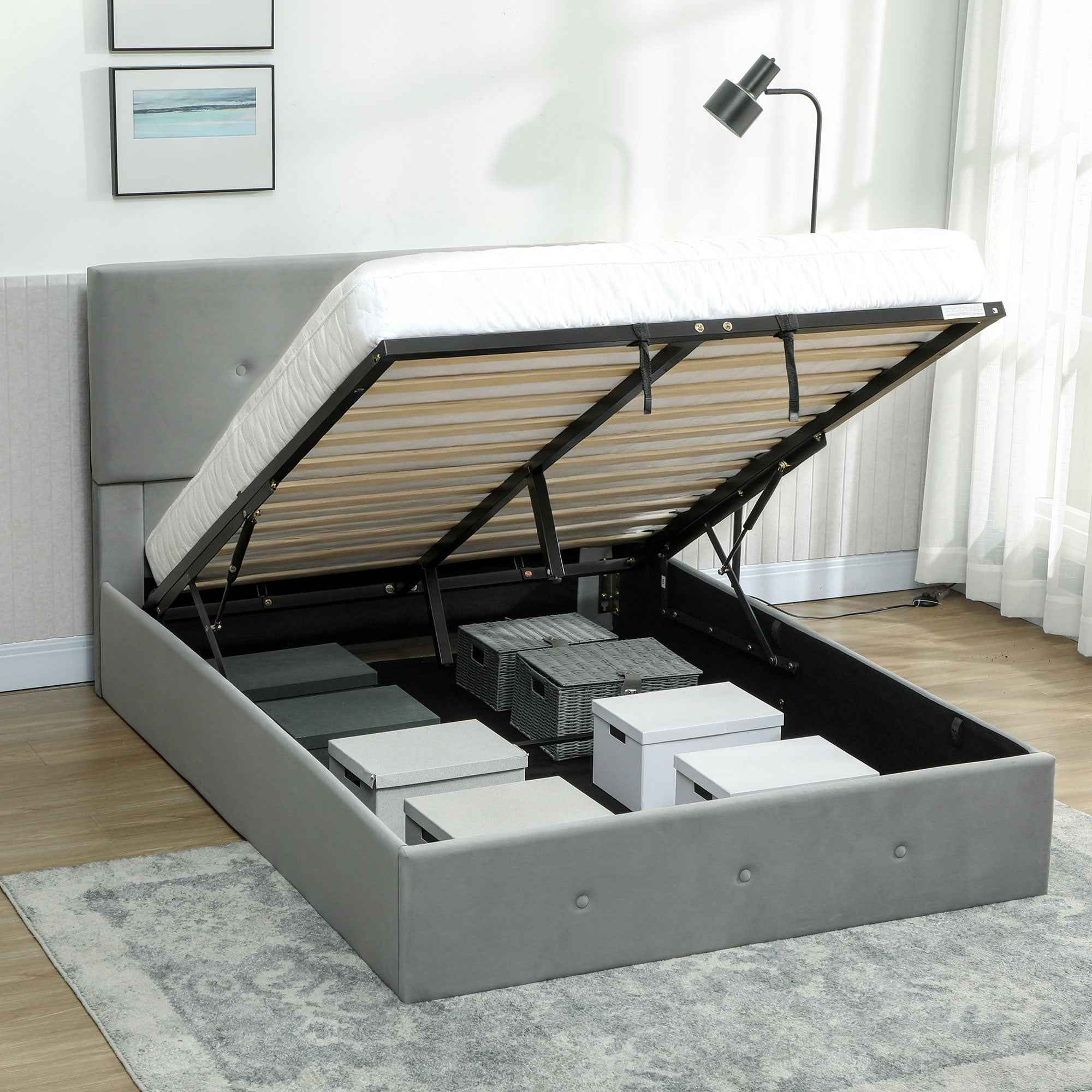 HOMCOM Storage Bed with Hidden Storage and Velvet Quilted Headboard, in Wood and Metal, 195x141x106 cm, Grey