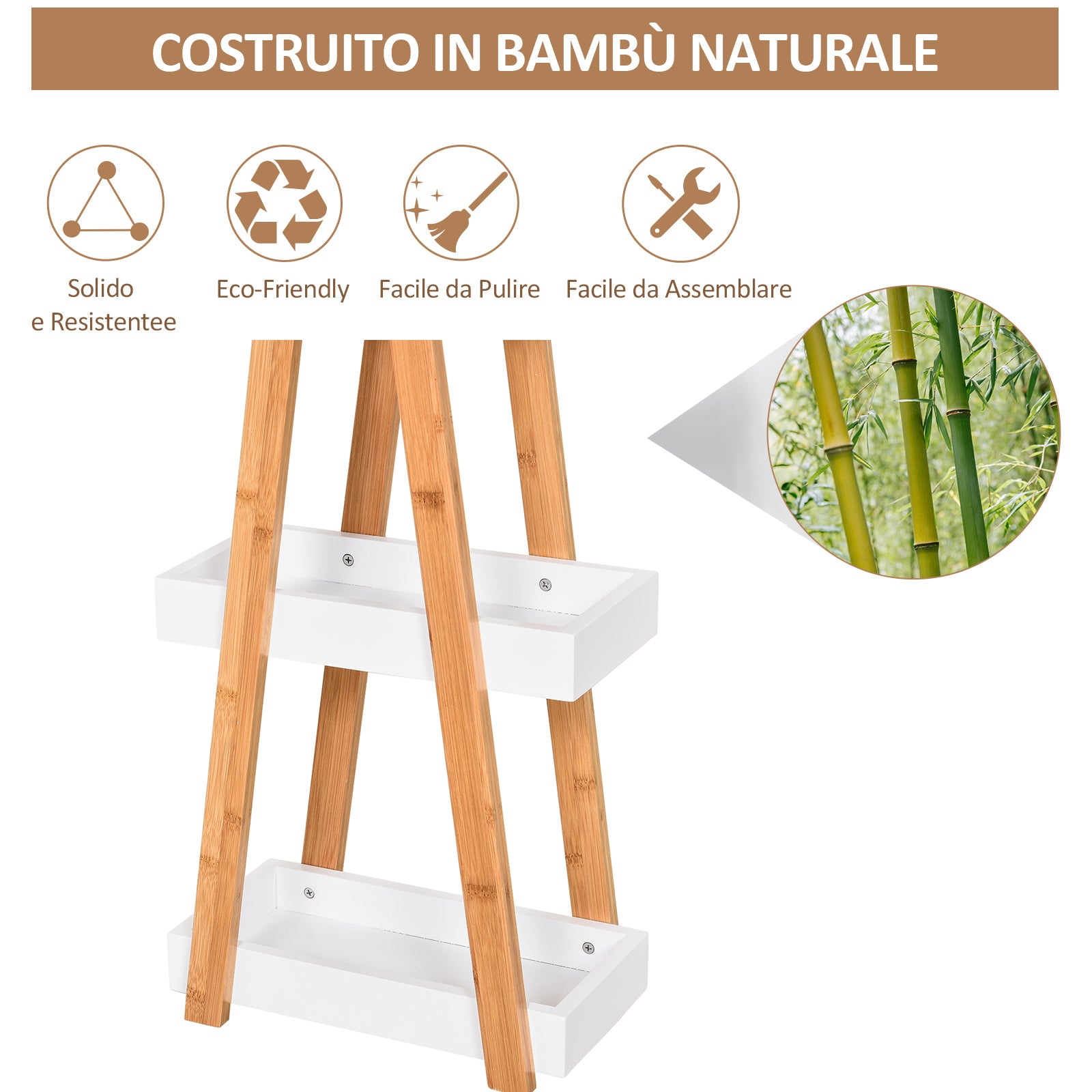 3 Tier Bathroom Shelf in MDF and Bamboo, 30x18x81cm, Wood and Grey Color