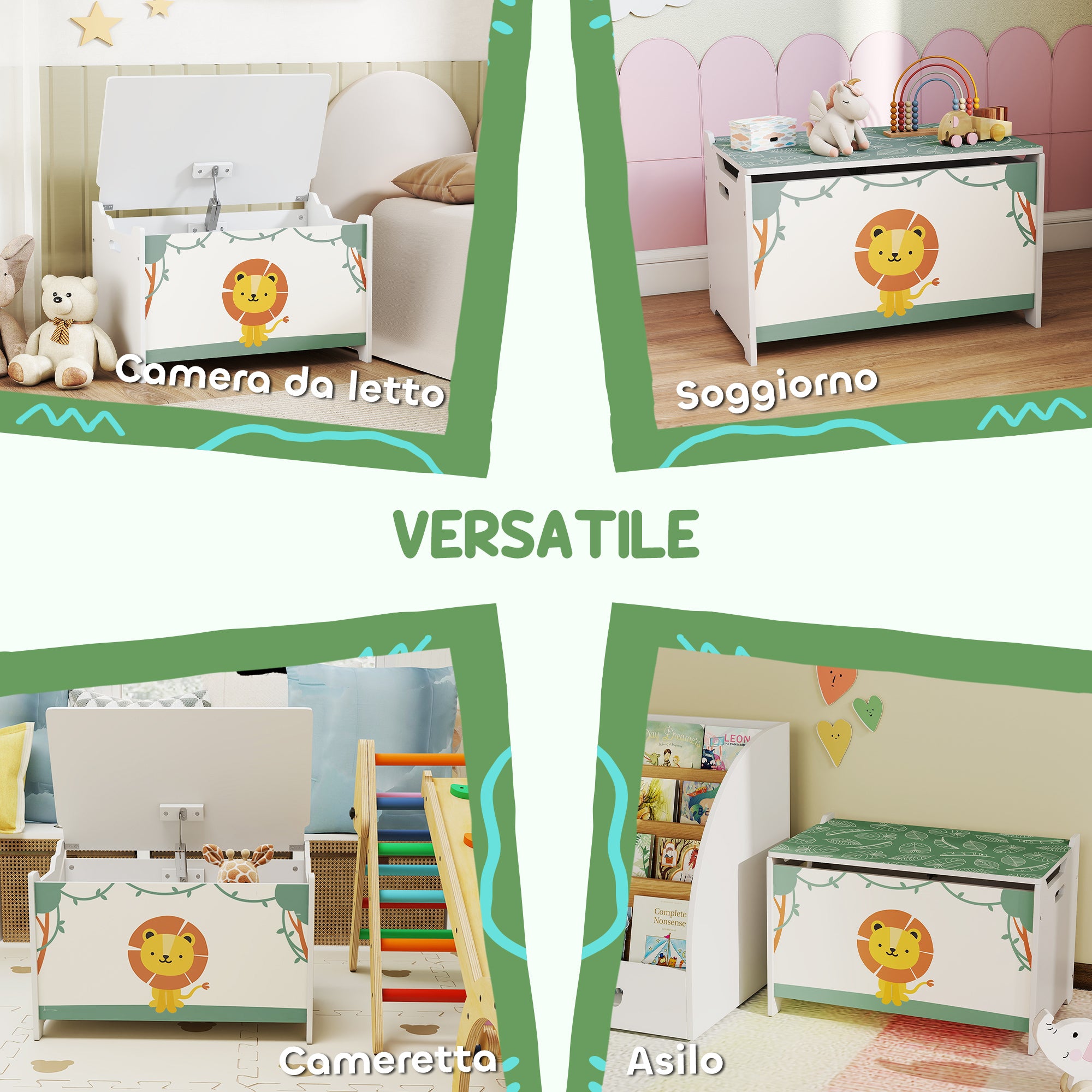 Children's Toy Storage Chest with Lid for Toys and Clothes, 60x37x39 cm, Green