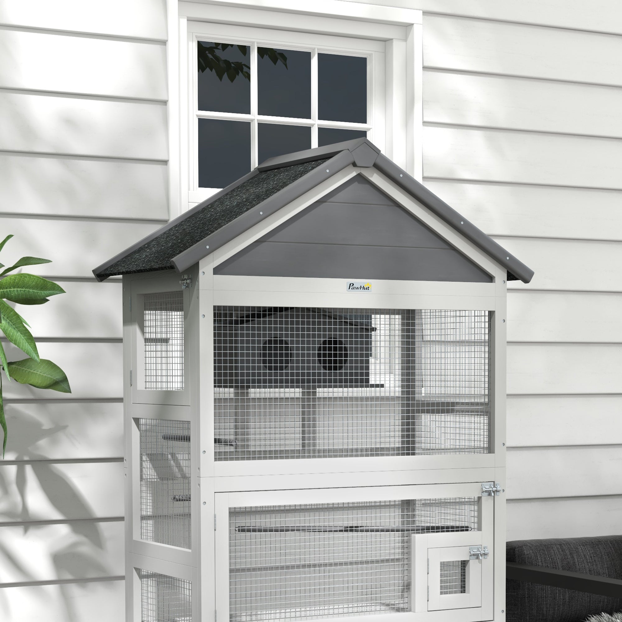 PAWHUT Voliera for 3 -door birds with house and tray, in wood and metal, 92x52x171 cm, gray and black - Borgè