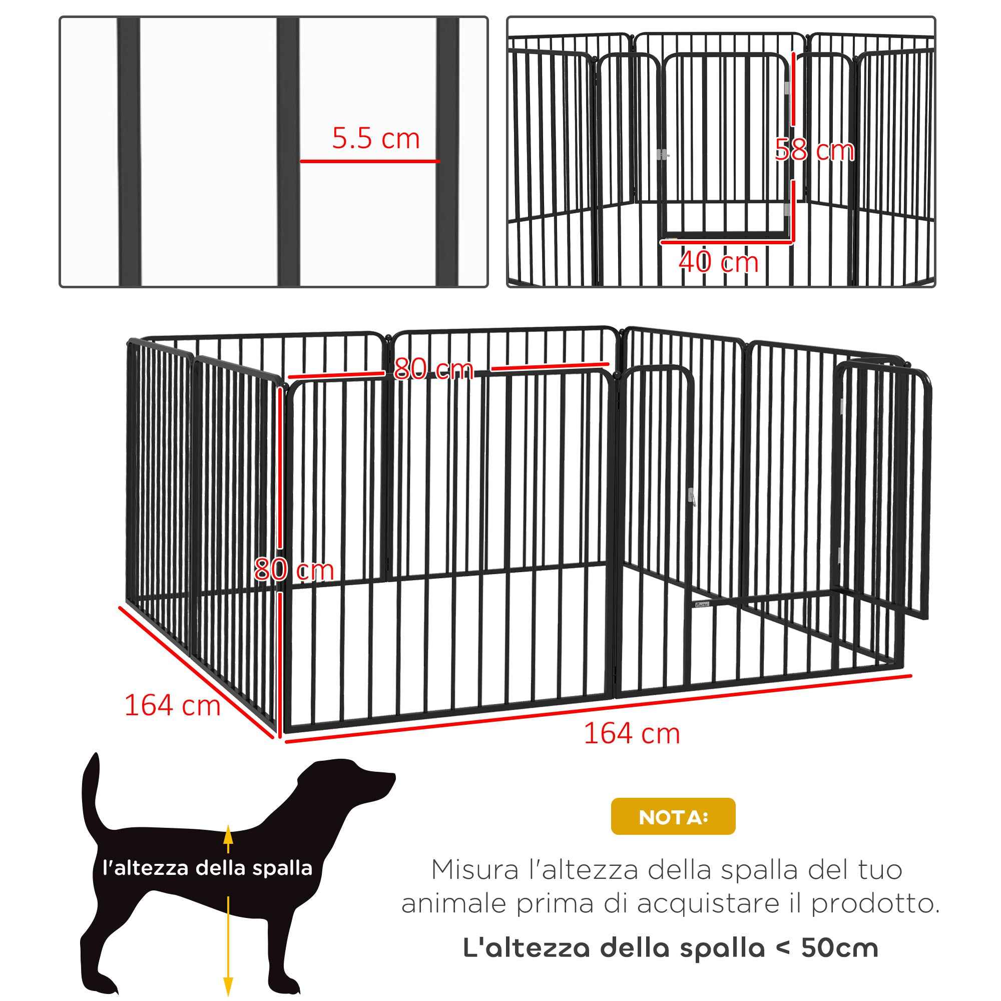 PawHut 8-Panel Modular Indoor/Outdoor Dog Kennel with 9 Pegs, Steel, 164x164x80 cm, Black