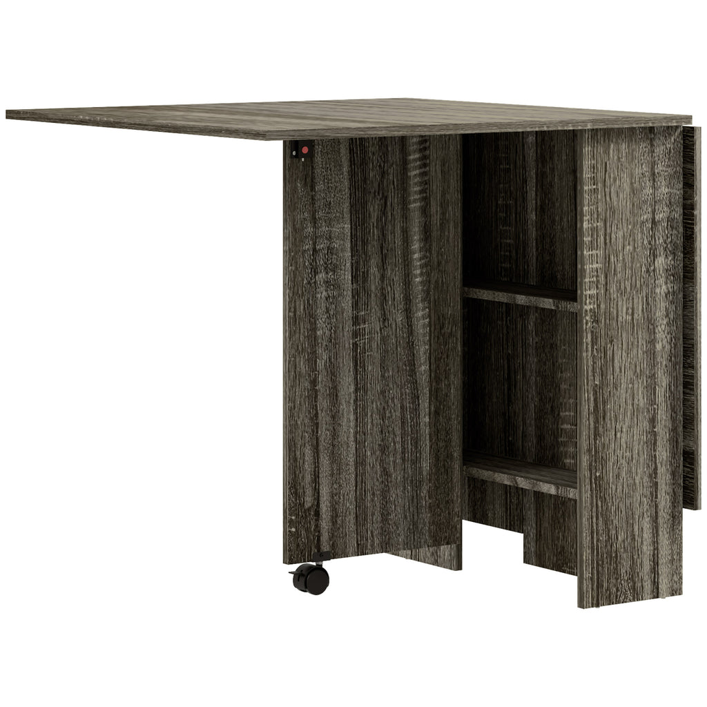 Drop-Leaf Table with 2 Lower Shelves for 6 People Max, Wooden 140x75x74 cm, Grey