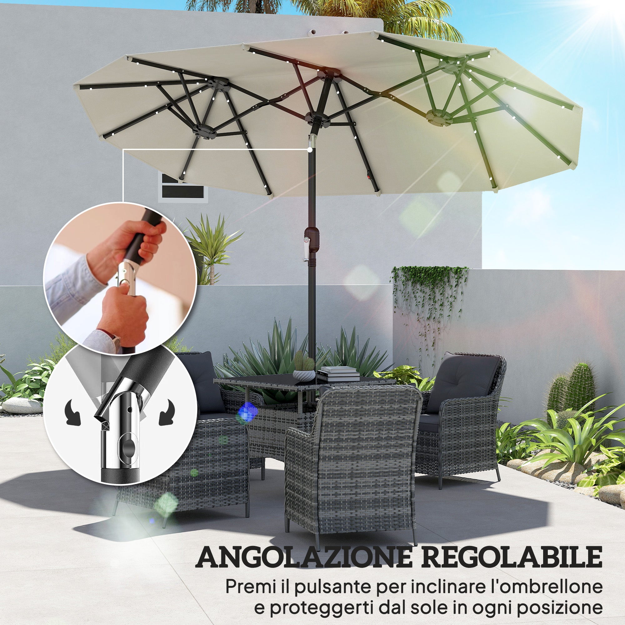 Outsunny Double Umbrella with LED Lights and Crank Handle, in Polyester and Steel, 2.92 x 1.5 x 2.2 m, Beige