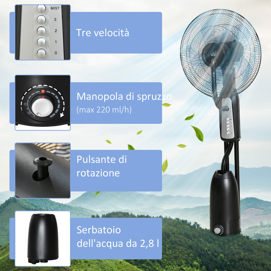 HOMCOM 90W Nebulizer Fan with 4 Wheels with 2.8L Tank and 4 Speeds, in Metal, PE and ABS, 44.5x38.5x120 cm - Borgè