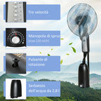HOMCOM 90W Nebulizer Fan with 4 Wheels with 2.8L Tank and 4 Speeds, in Metal, PE and ABS, 44.5x38.5x120 cm - Borgè
