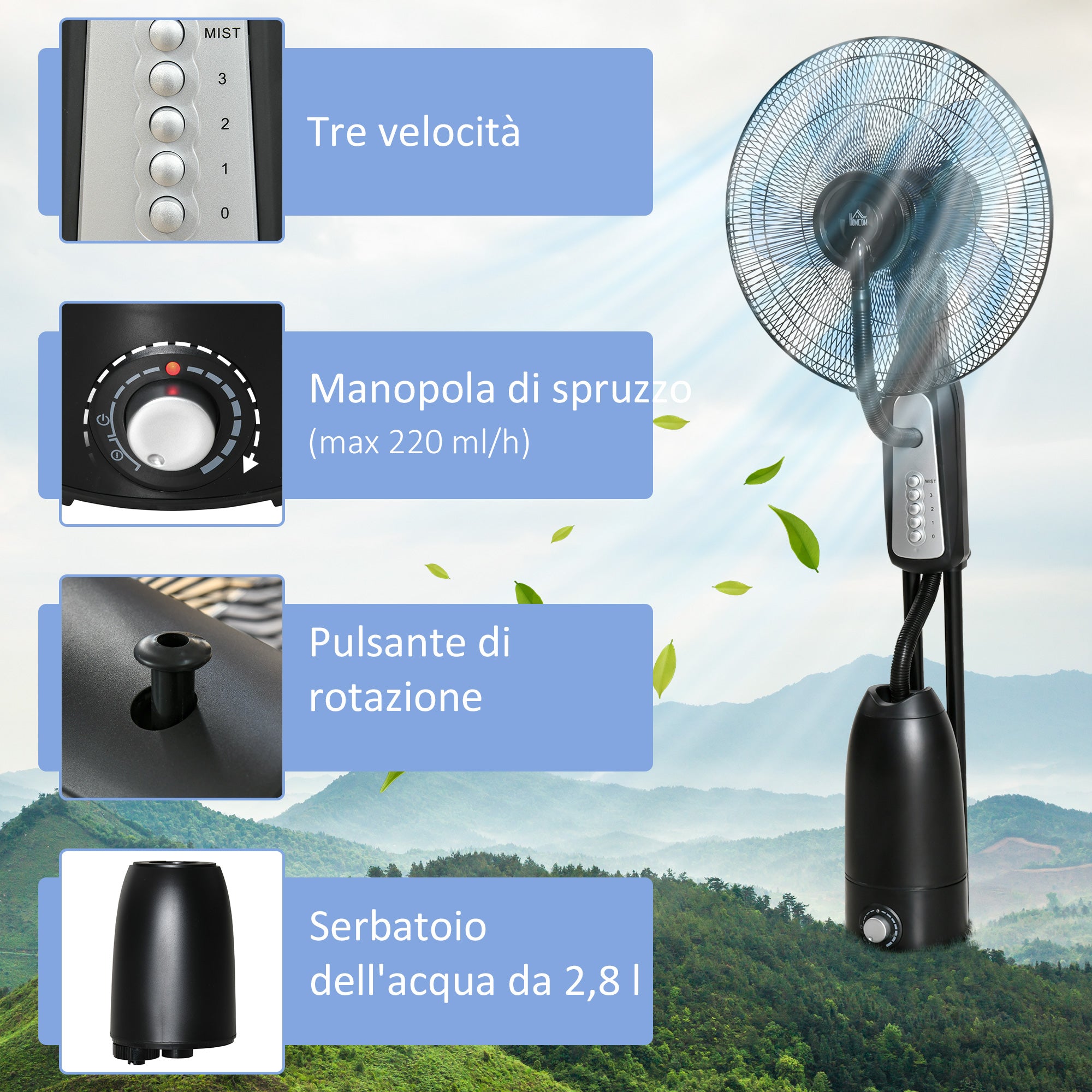 HOMCOM 90W Nebulizer Fan with 4 Wheels with 2.8L Tank and 4 Speeds, in Metal, PE and ABS, 44.5x38.5x120 cm - Borgè