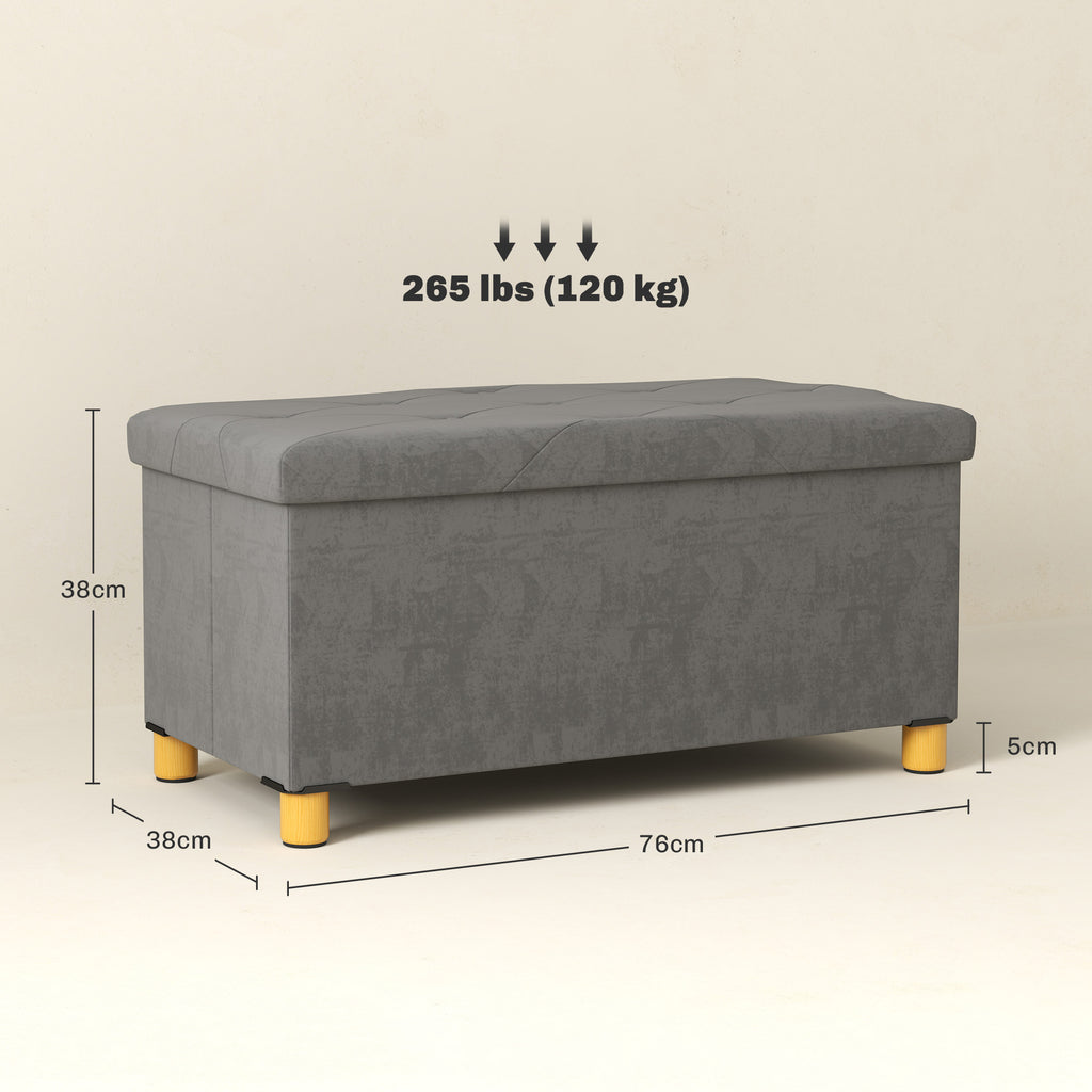 HOMCOM 67L Folding Storage Bench with Padded Lid and Velvet Lining, 76x38x38cm, Grey