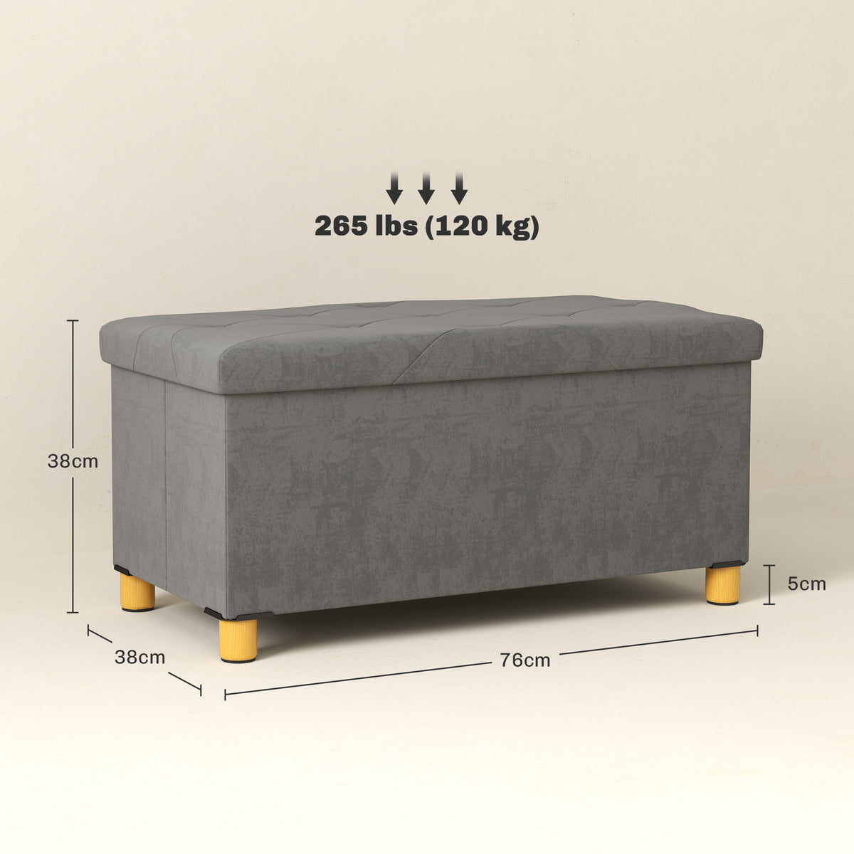 HOMCOM 67L Folding Storage Bench with Padded Lid and Velvet Lining, 76x38x38cm, Grey