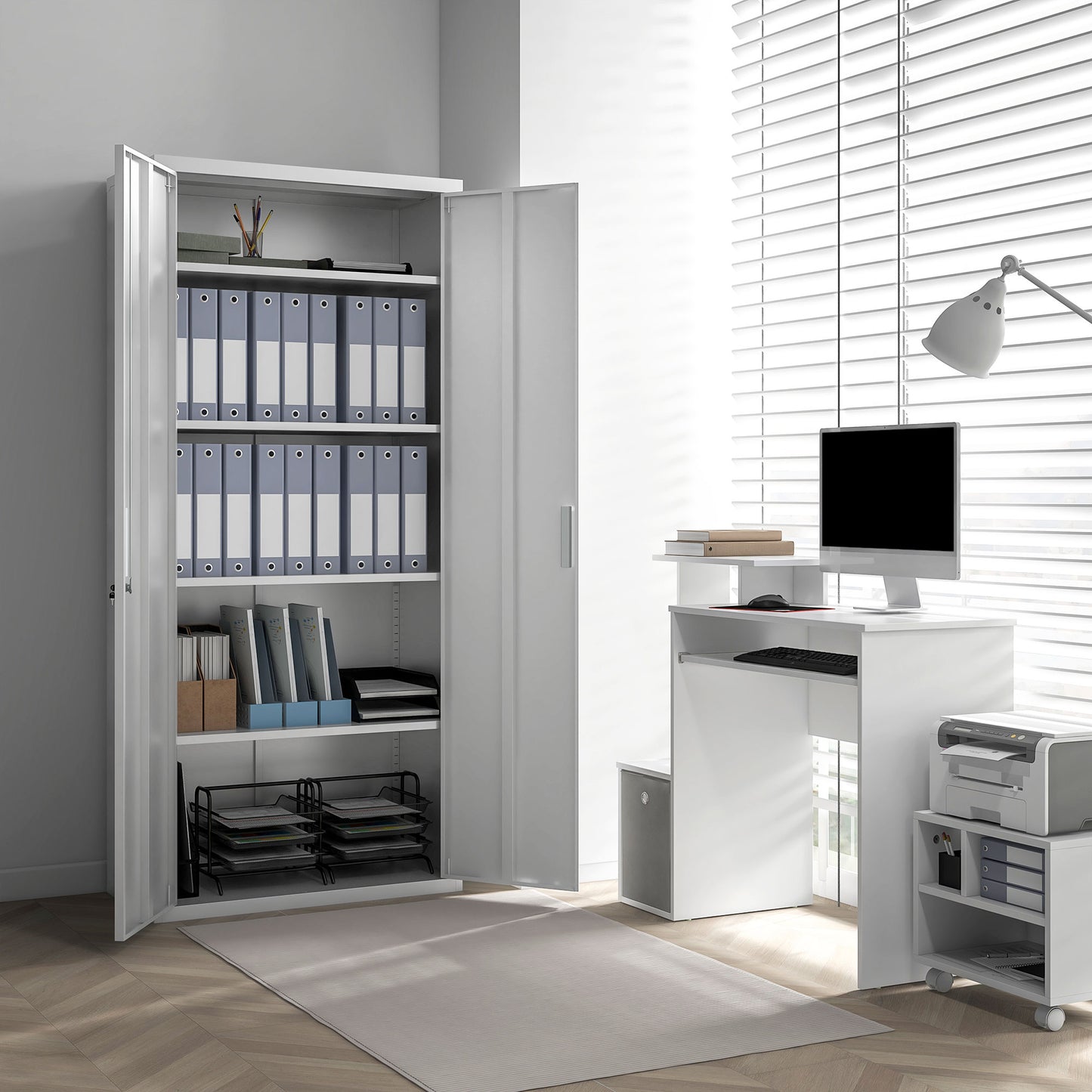 Office Cabinet with 4 Adjustable Shelves, Steel, 80x40x180 cm, White