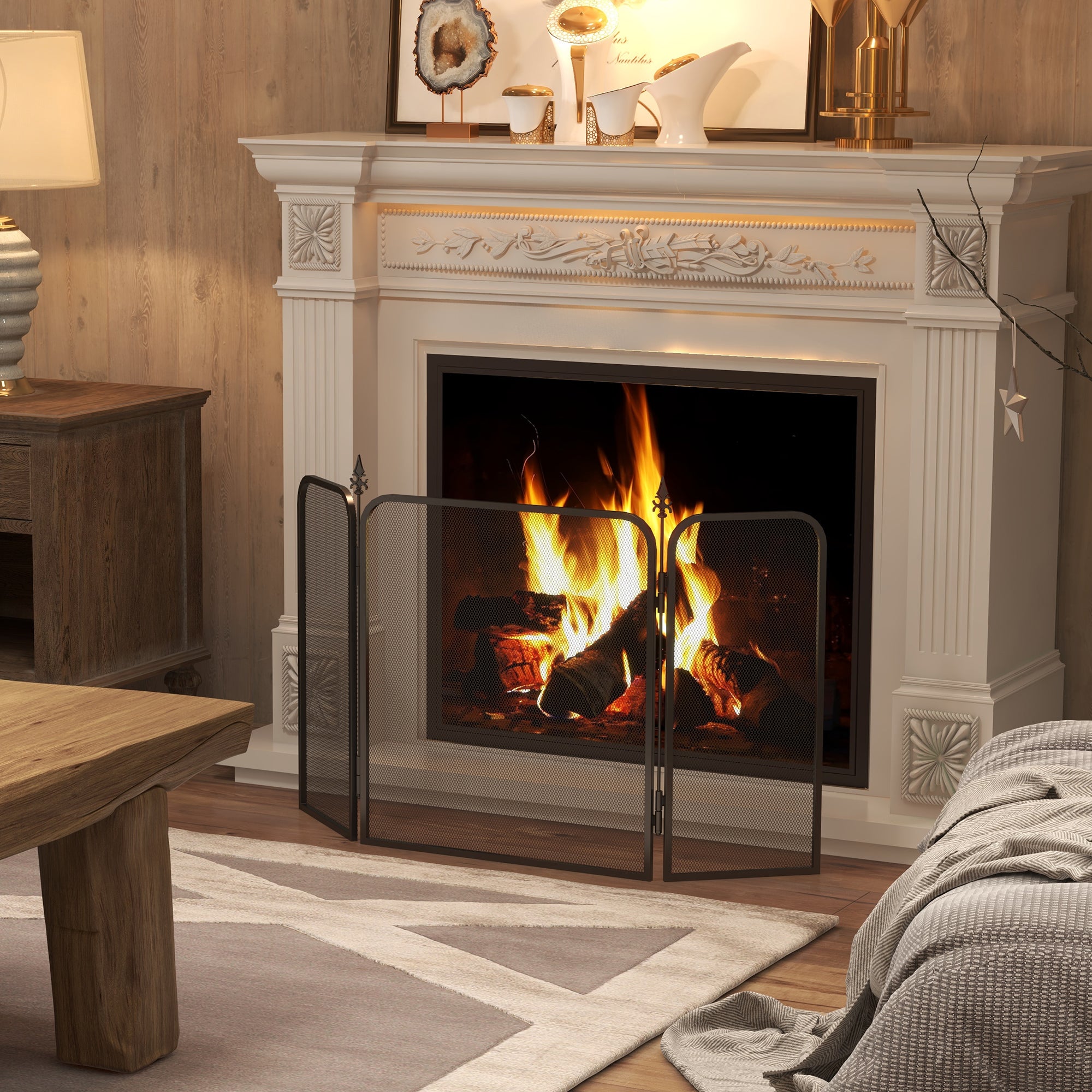 3-Panel Folding Fireplace Spark Guard Metal, 96x1.3x56 cm, Black