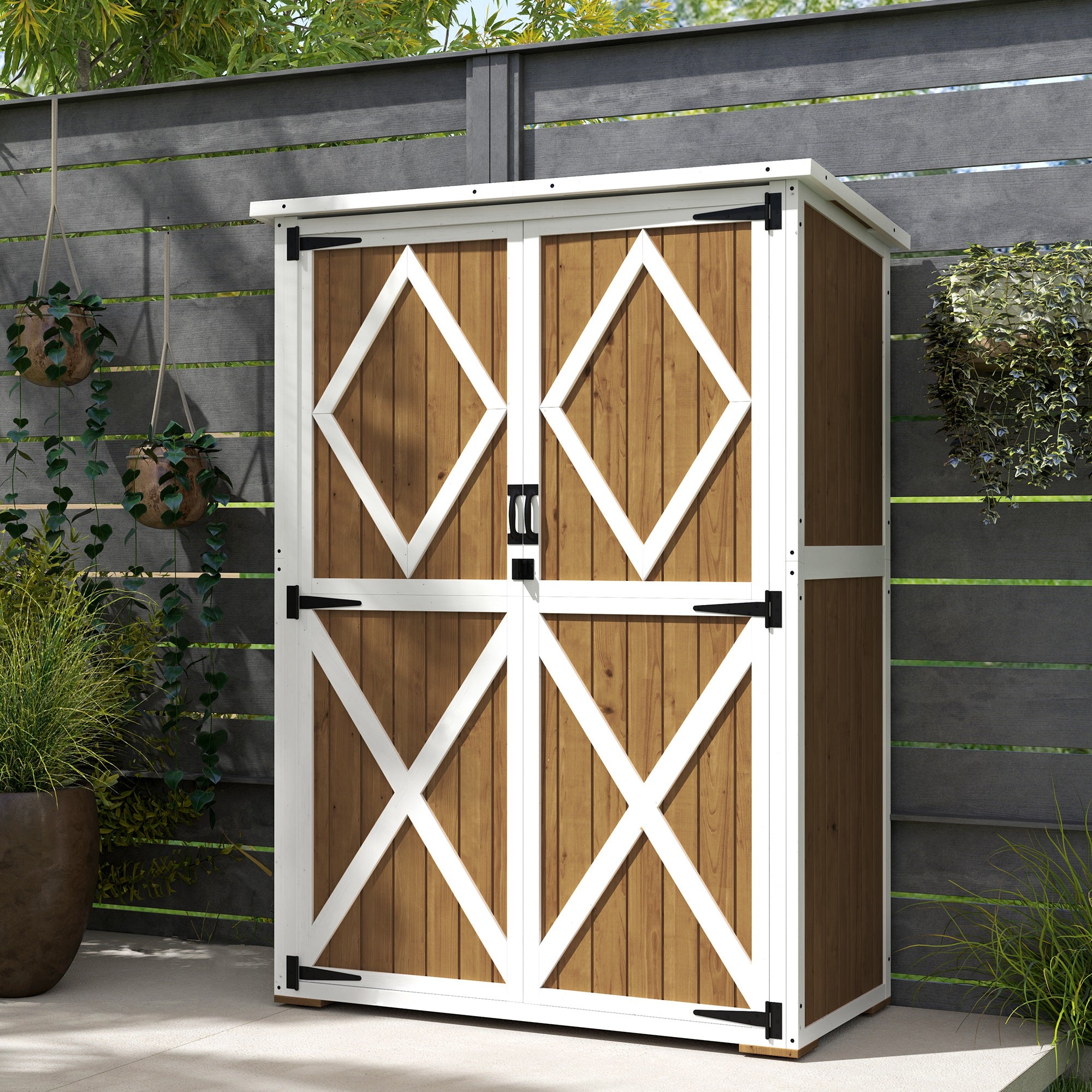 Garden Shed in Fir Wood with 2 Shelves and 2 Doors, 116.5x57x159/167 cm, Brown and White