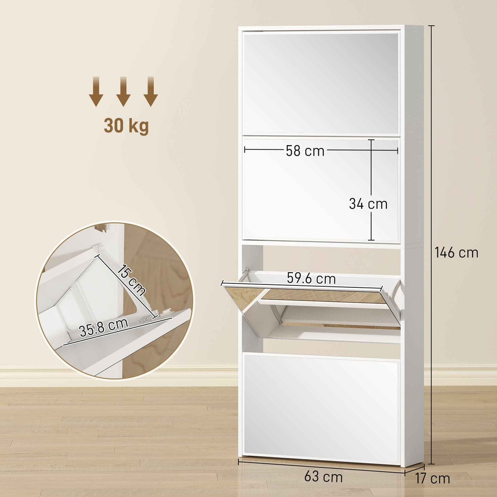 HOMCOM 4-Door Mirrored Shoe Rack, Anti-Tip, Wooden, 63x17x146 cm, White