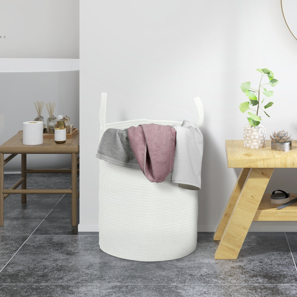 Portable and Foldable 36L Laundry Basket with Natural Cotton Handles, Ø38x45 cm, Cream