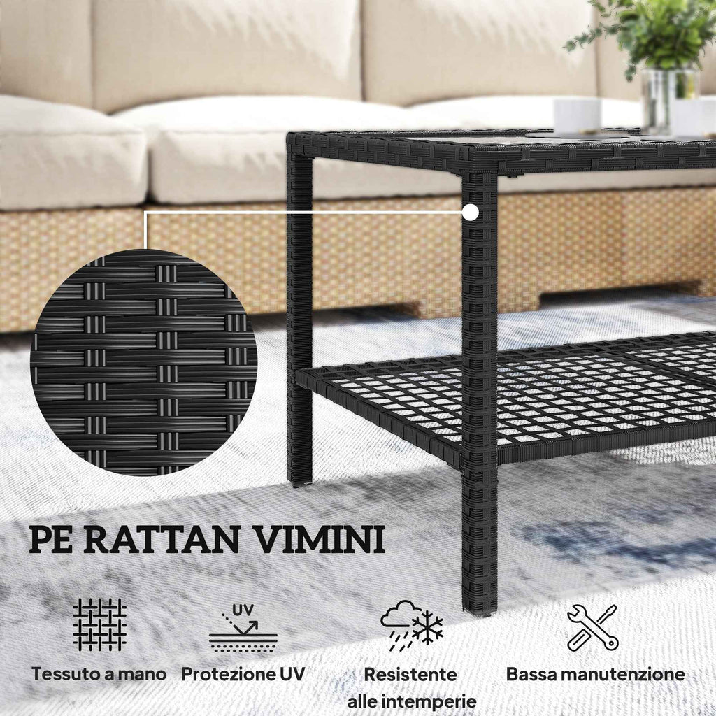 Outsunny 2-Tier Coffee Table with Tempered Glass Top and Shelf, Steel and Rattan, 92x50x45 cm, Black
