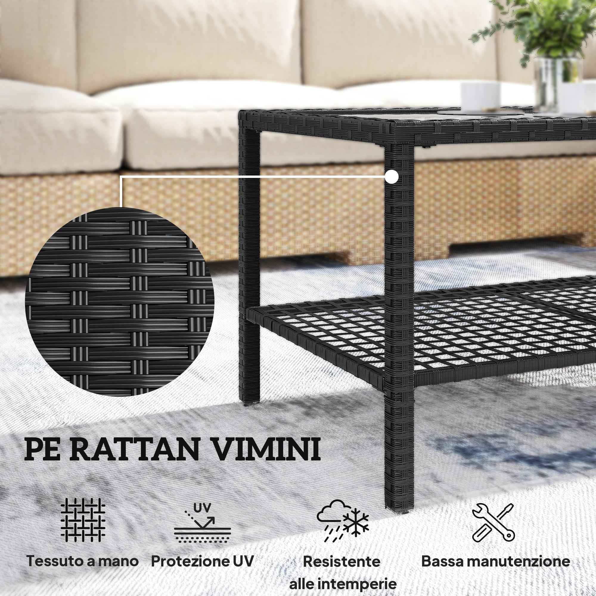 Outsunny 2-Tier Coffee Table with Tempered Glass Top and Shelf, Steel and Rattan, 92x50x45 cm, Black