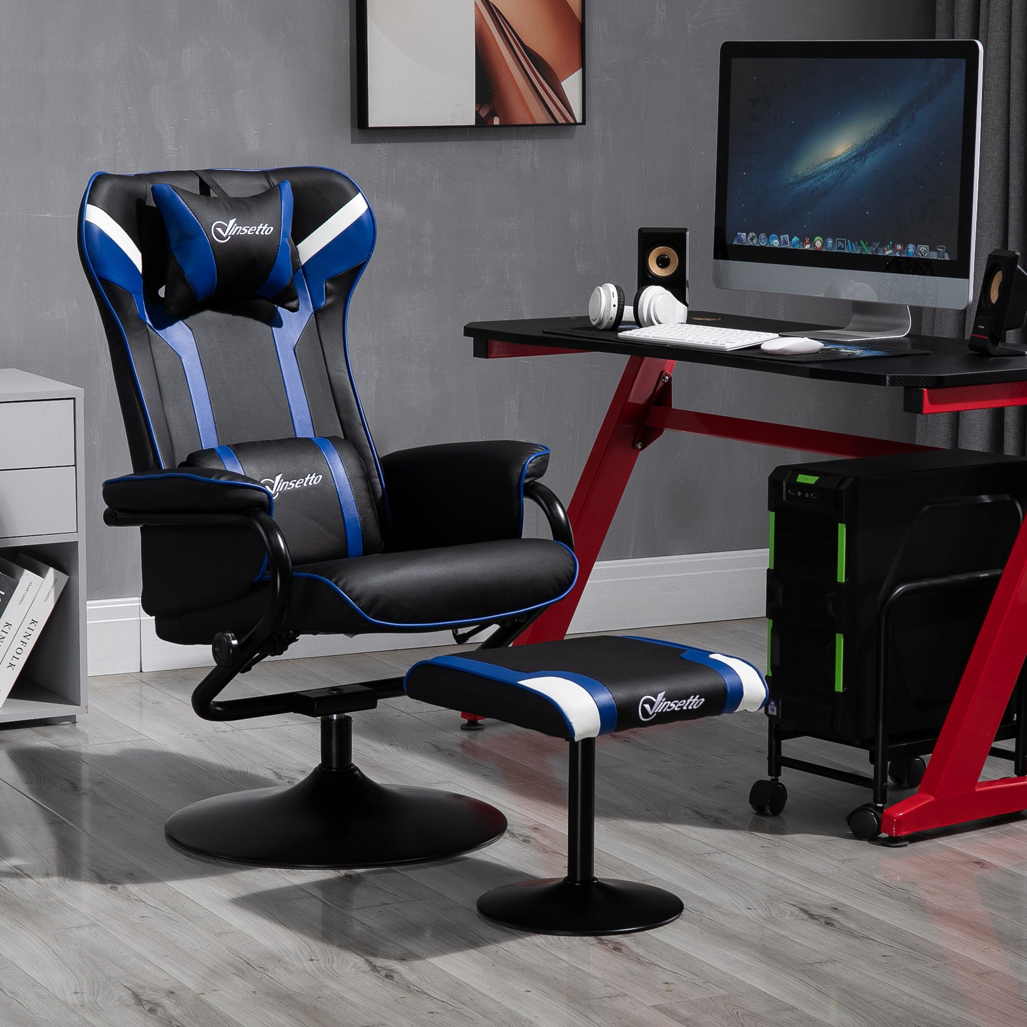 2 Piece Set Gaming Chair Reclining 130° Tilting with Footrest Stool, Black and Dark Blue