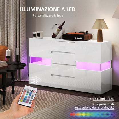 Modern Sideboard with LED Adjustable with Remote Control, 4 Drawers and 2 Cabinets, 120x34x70 cm, White