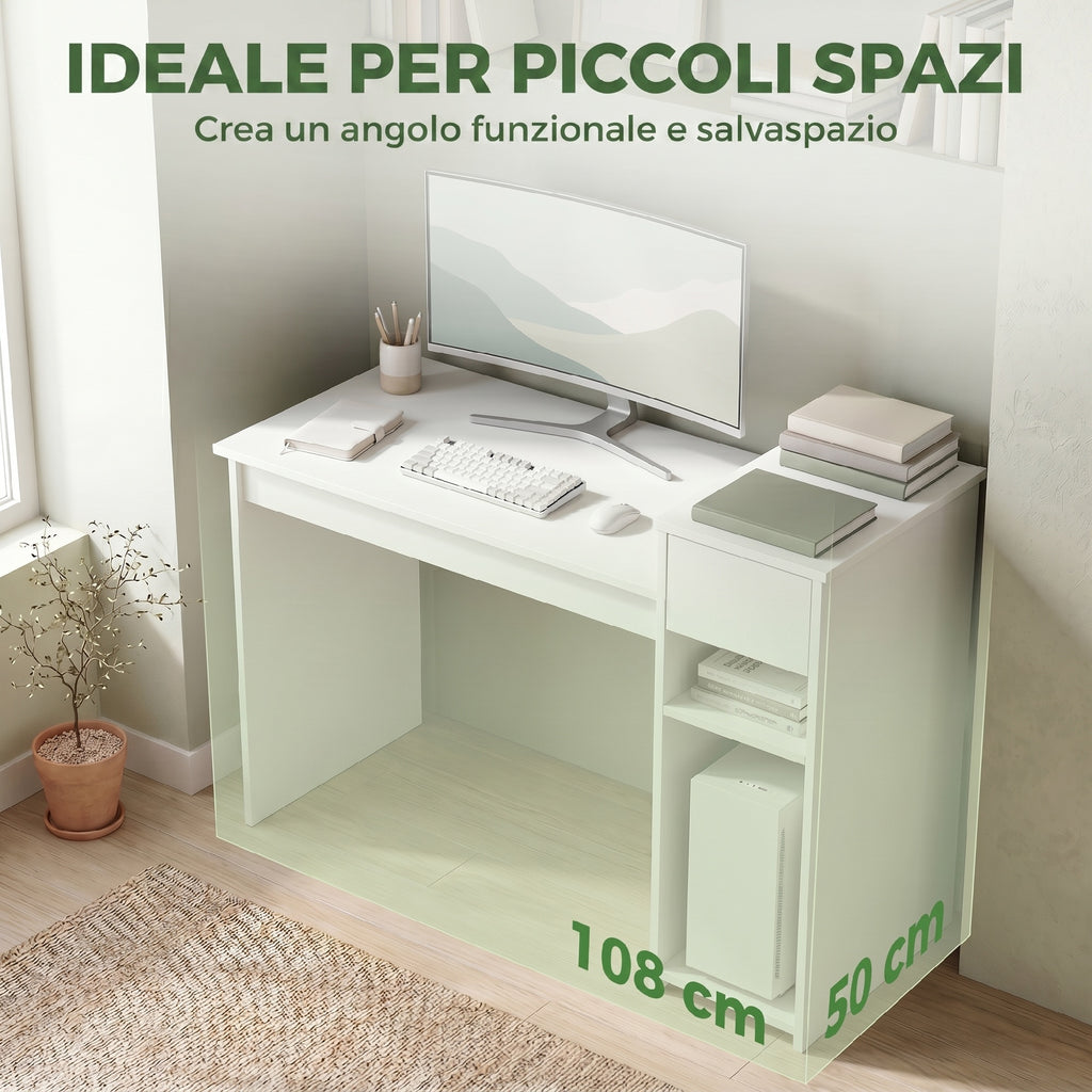 HOMCOM 108cm Study and Writing Desk with Drawer and Shelves, White