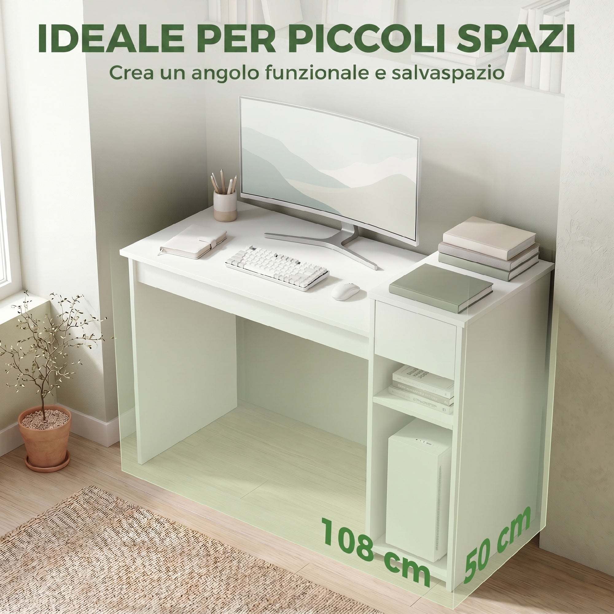 HOMCOM 108cm Study and Writing Desk with Drawer and Shelves, White