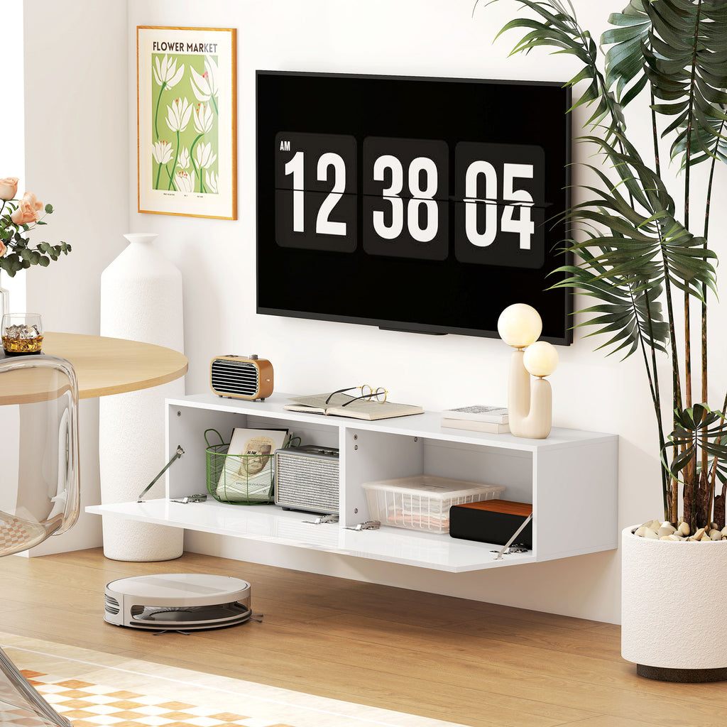 Wall Mounted TV Cabinet for 45"-55"-65" TVs with 2 Cabinets and Drop-Door, 140x33x29.8 cm, White