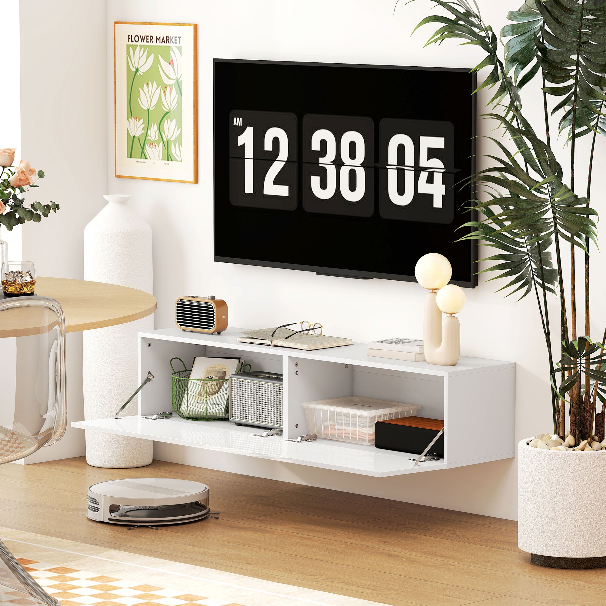 Wall Mounted TV Cabinet for 45"-55"-65" TVs with 2 Cabinets and Drop-Door, 140x33x29.8 cm, White