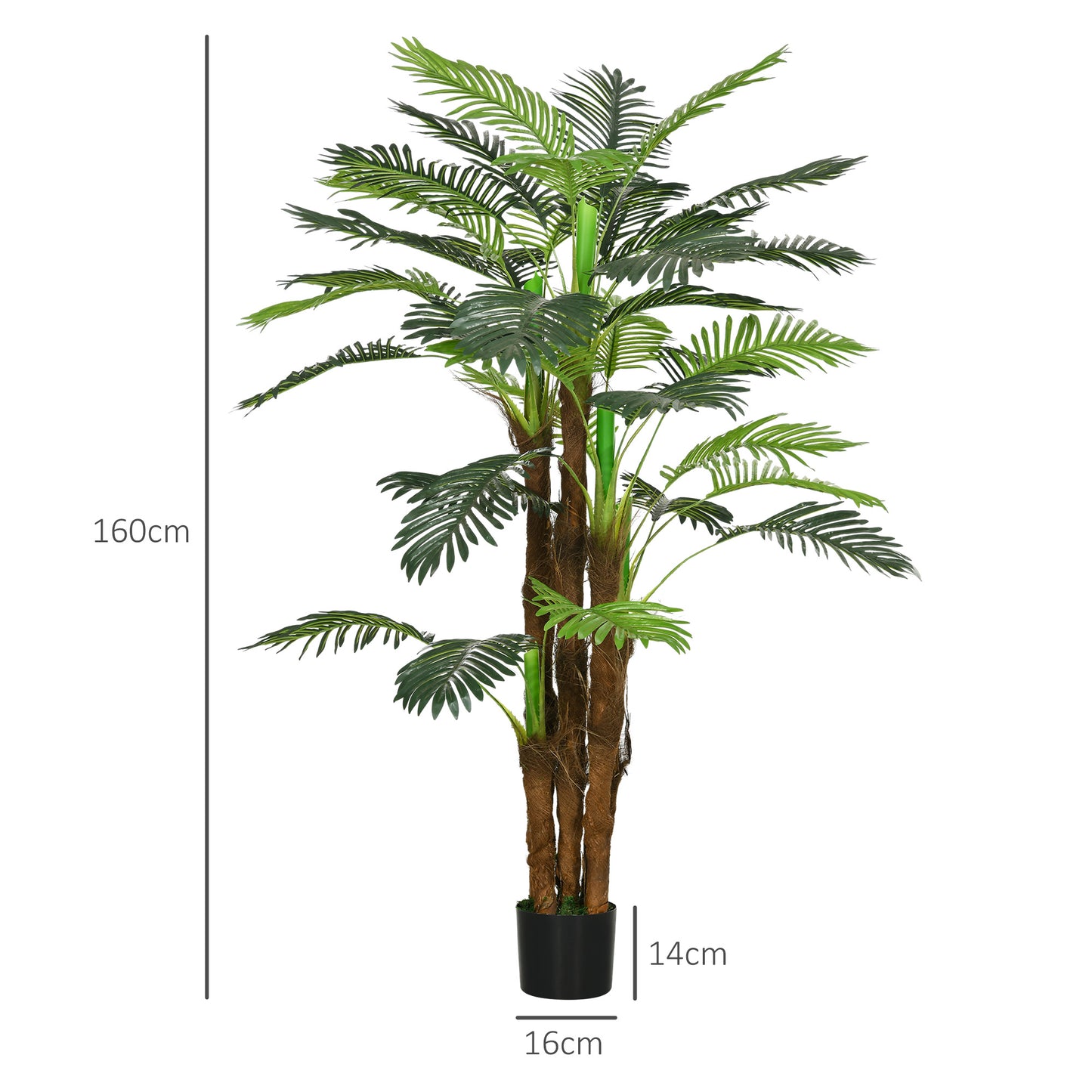 Green Artificial Palm 160 cm in Pot with 36 Leaves, in PE and Cement for Indoor and Outdoor