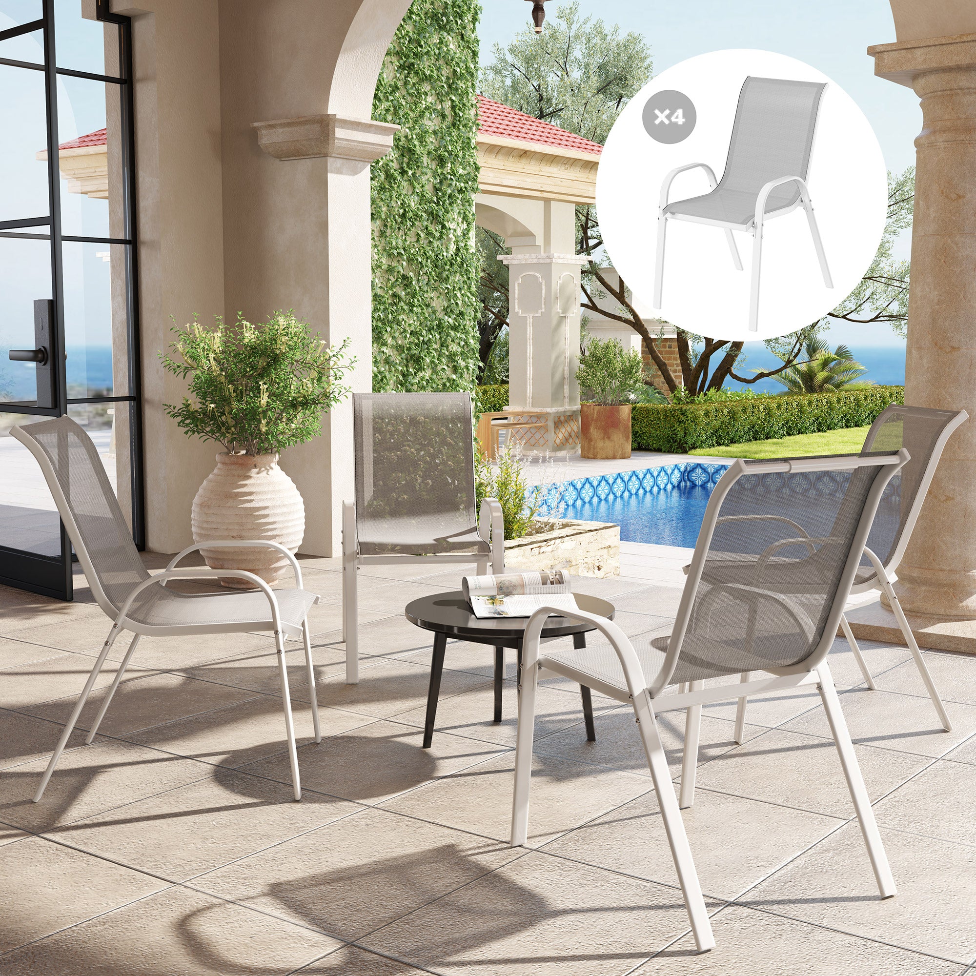 Outsunny Set of 4 Stackable Garden Chairs with Curved Armrests, Steel and Breathable Fabric, 54x71x93 cm, Grey and White