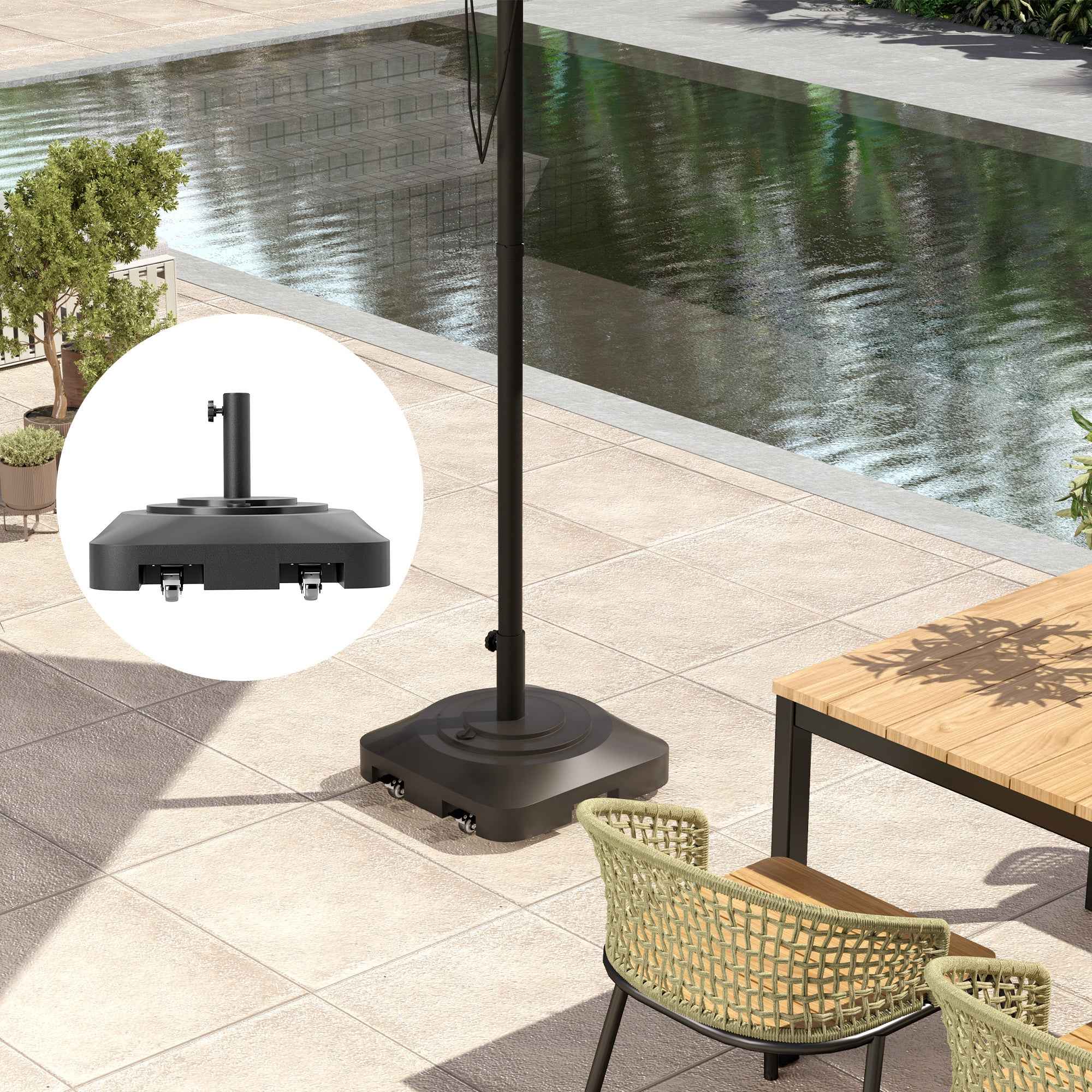 Outsunny Umbrella Base with Wheels and Fillable with Water or Sand, in HDPE, 48x48x32.5 cm, Black