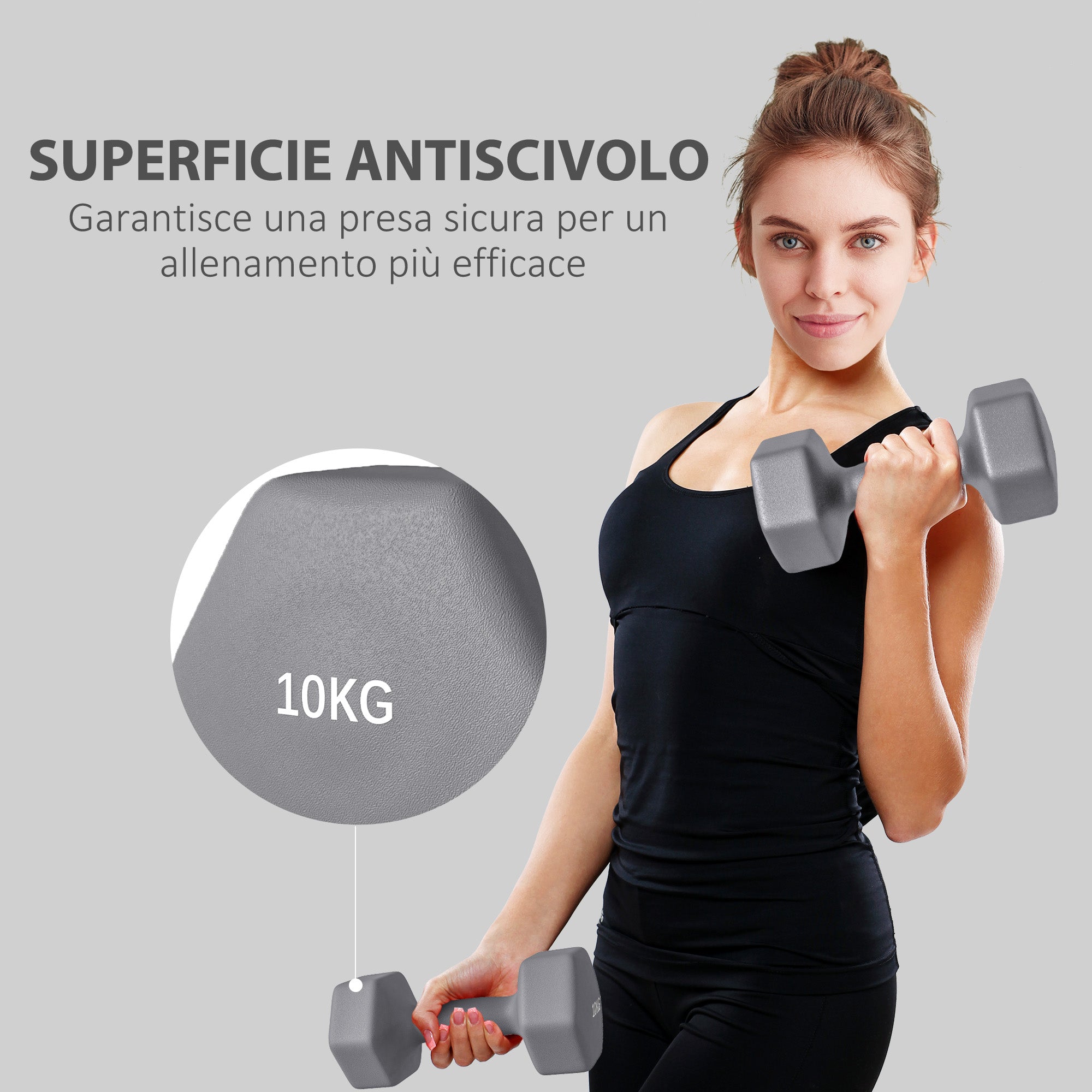 SPORTNOW Set of 2 Hexagonal Dumbbells weighing 2x10 kg in Metal and Plastic with Non-Slip Grip, 26x12x12 cm, Gray