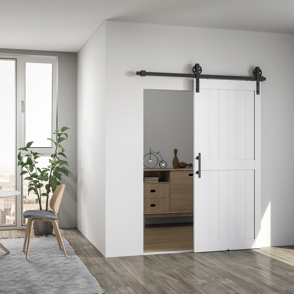 Country Style Sliding Door with Track and Handle, Wood and Steel, 183x0.6x4 cm, Black and White