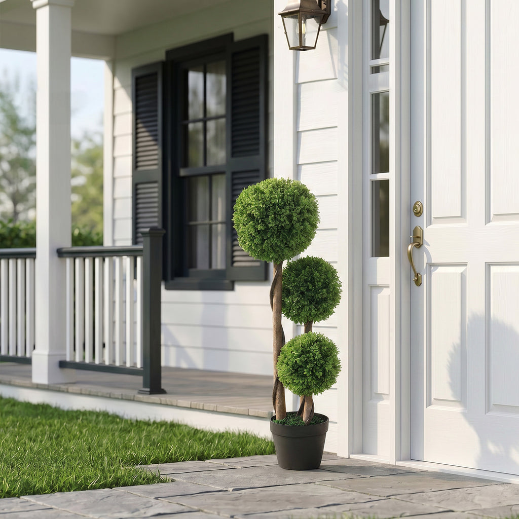 HOMCOM Set of 2 Artificial Boxwood Plants with 3 Balls, with Pot and Reinforced Bottom, Height 90 cm, for Indoor and Outdoor Use
