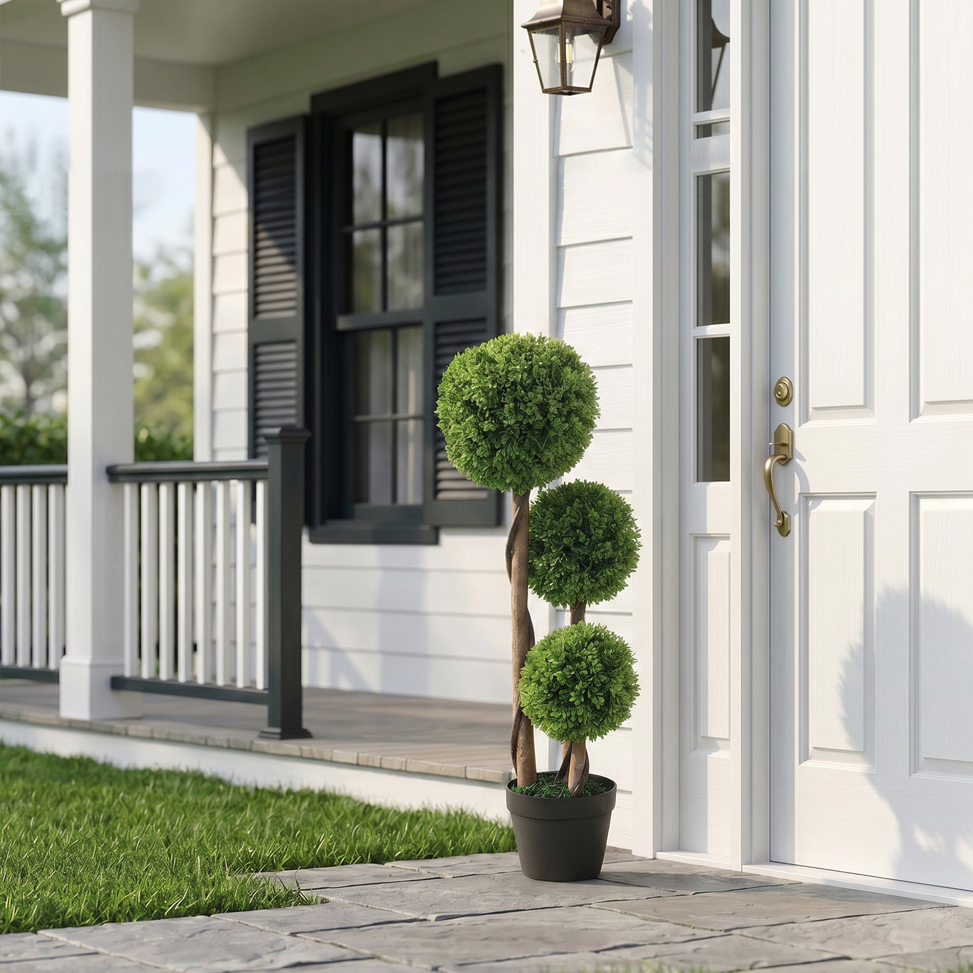 HOMCOM Set of 2 Artificial Boxwood Plants with 3 Balls, with Pot and Reinforced Bottom, Height 90 cm, for Indoor and Outdoor Use