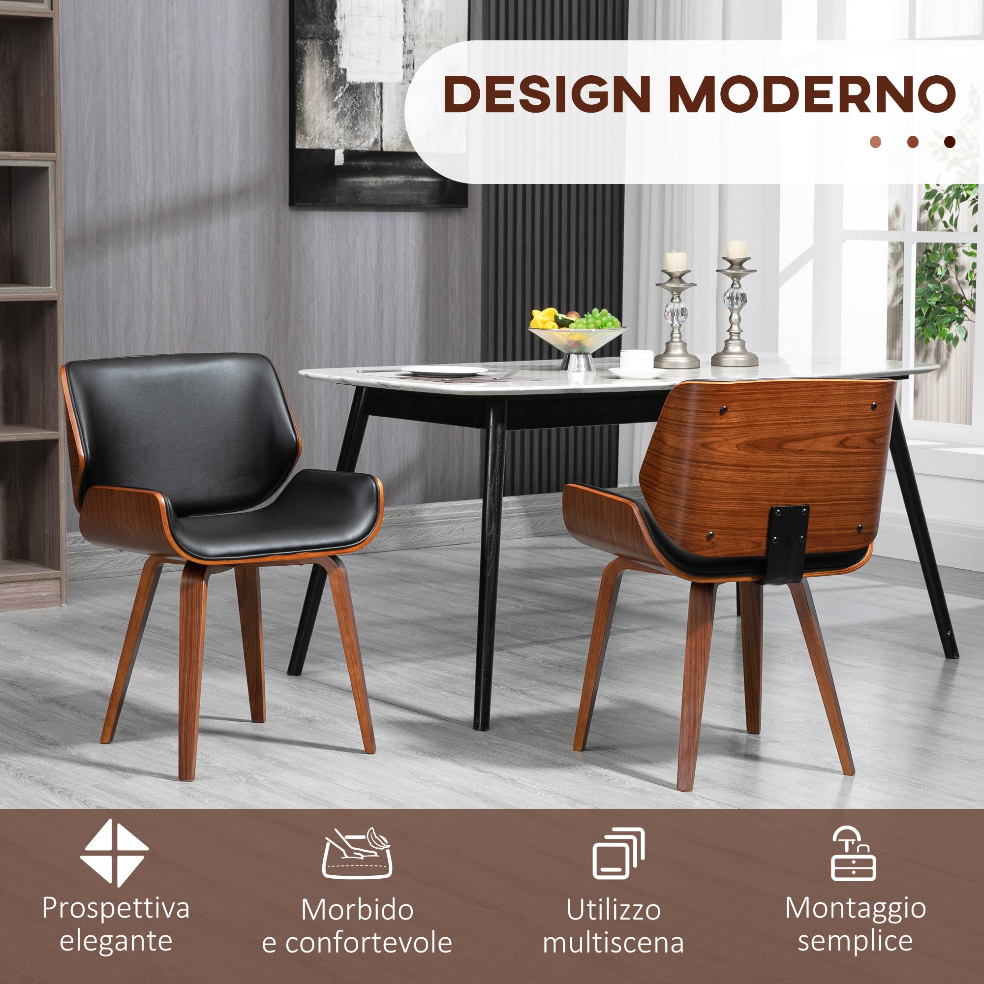 Set of 2 Vintage Style Dining Chairs Padded in Wood and PU Faux Leather, Black and Wood