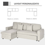 Corner Sofa Bed with 2 Seater Seat and Peninsula, Storage Compartment and 2 Fabric Cushions, Cream
