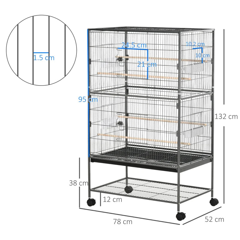 Steel / Wooden Indoor Bird Cage with Tray, 4 Wheels and Perch, 78x52x132cm - Borge' Group Limited