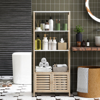 Bamboo Bathroom Cabinet with 3 Shelves and Lower Cabinet, 63x30x138 cm, Wood and White Color