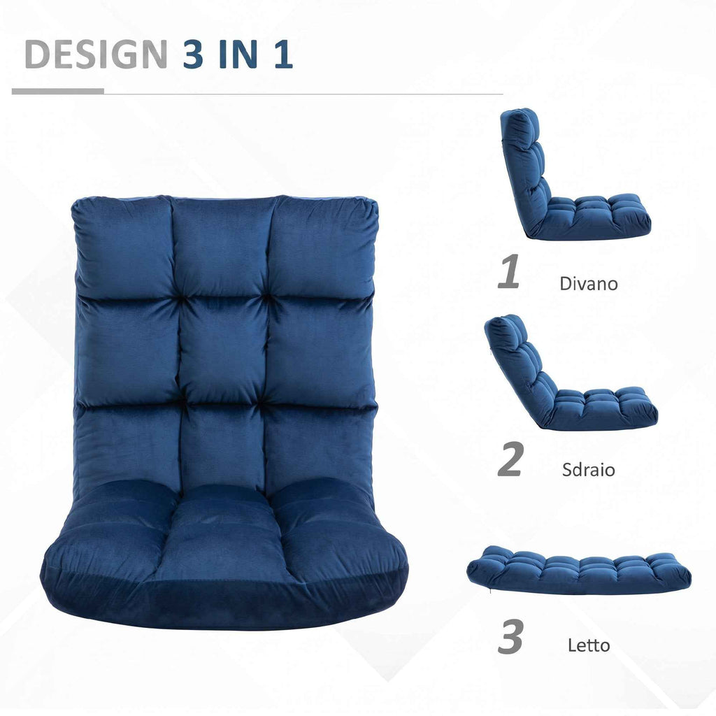 HOMCOM Velvet Floor Chair with 180° Reclining Backrest and Thick Padding, 55x71x53.5cm, Blue