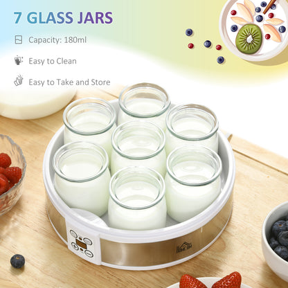 Yogurt Maker 20W 1.5L with 7 Jars and Button Display, Stainless Steel and Plastic, 24x24x13 cm, White