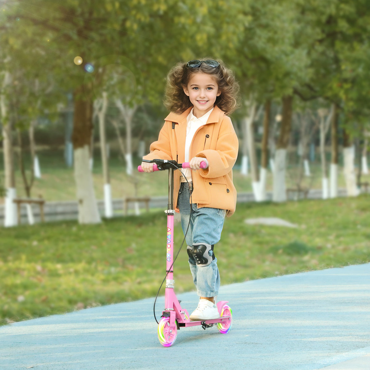 AIYAPLAY Scooter for Kids Ages 3-8 with Light-Up Wheels, Adjustable Handle and Rear Brake, Pink