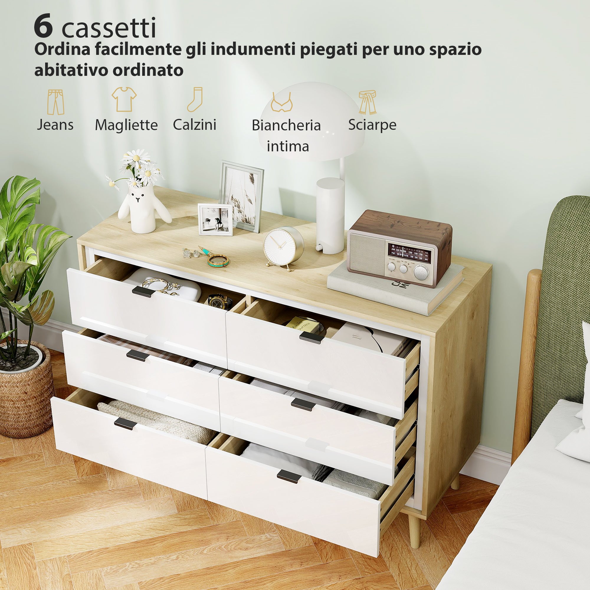 6-Drawer Wooden Chest of Drawers for Bedroom, 110x40x75 cm, Gloss White and Oak