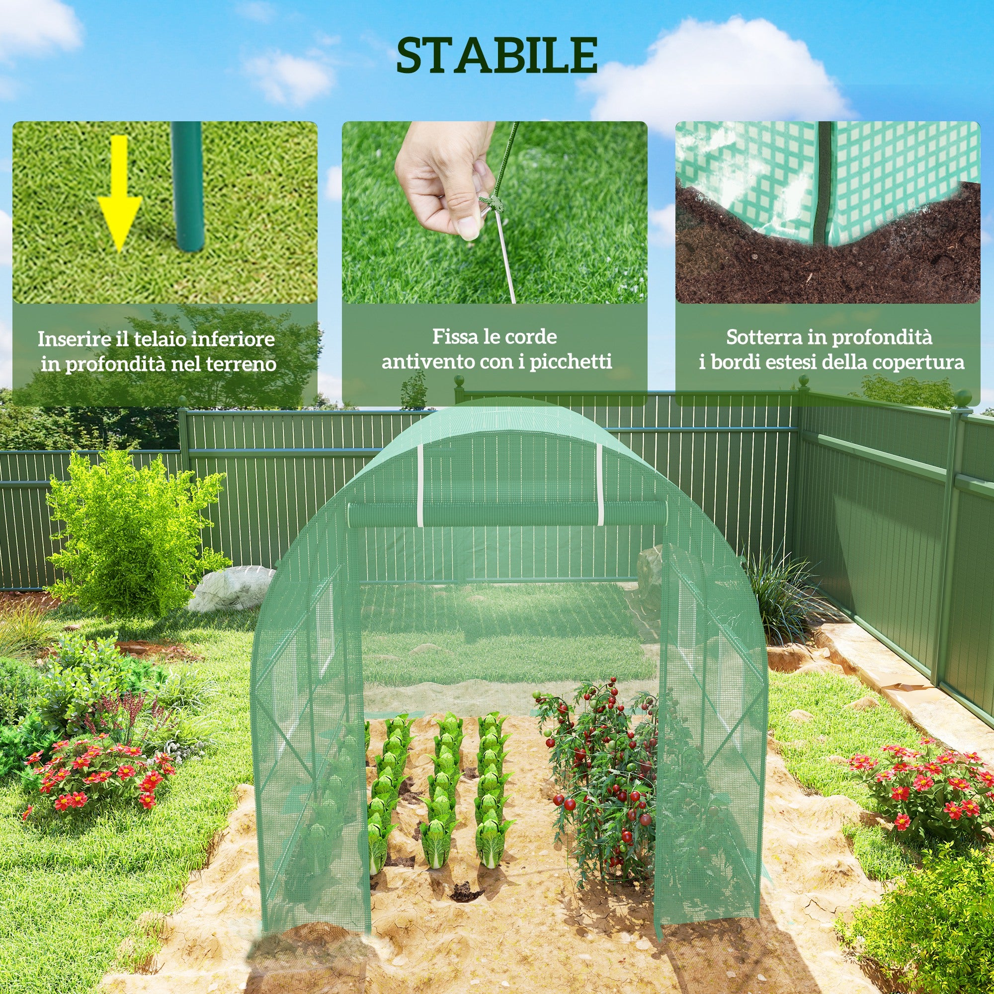 Outsunny Garden Greenhouse Steel Frame and 4 PE Windows 2.5x2x2m, Green