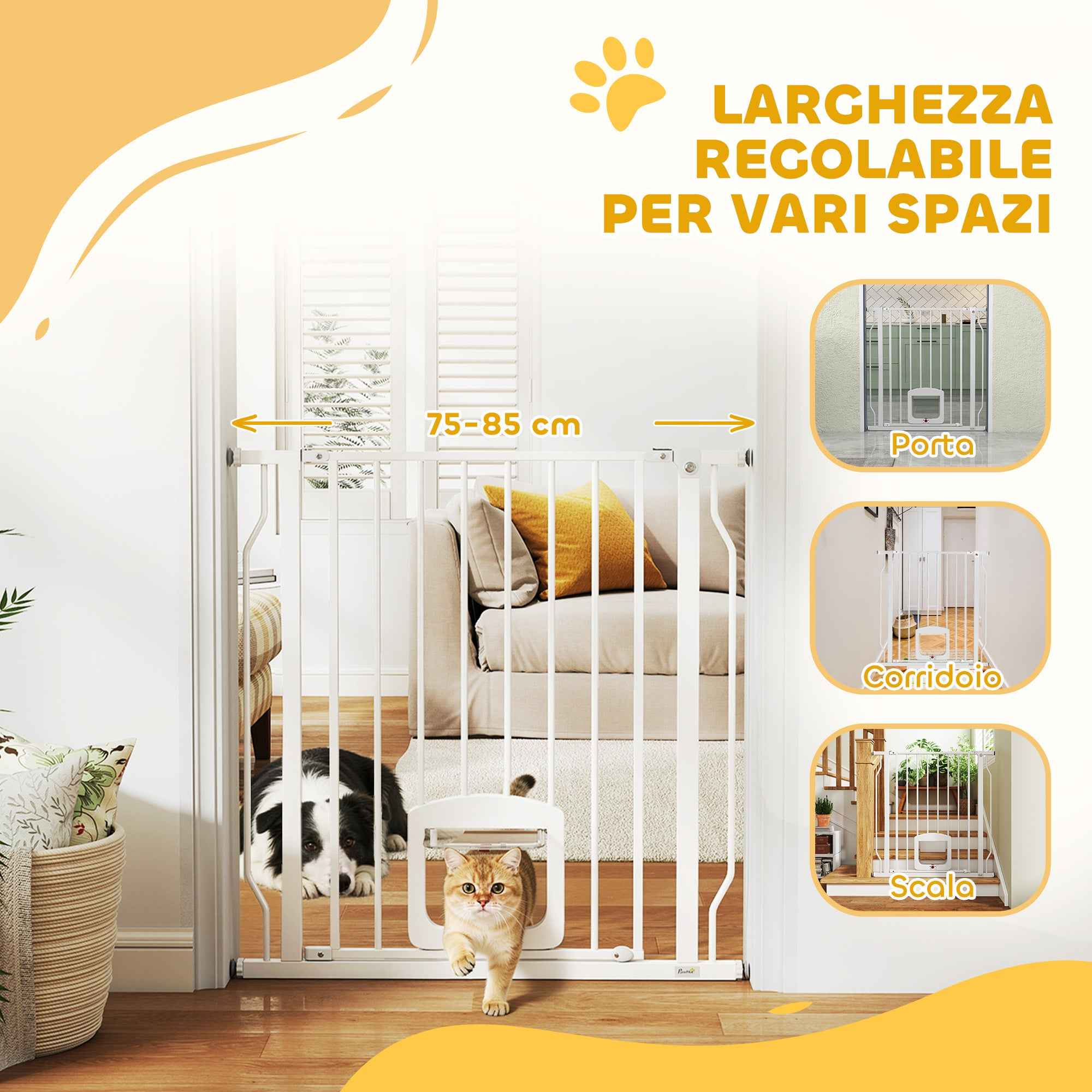 PawHut Extendable Dog and Cat Gate with Integrated Cat Flap, Steel and ABS, 75-85x2x76 cm, White