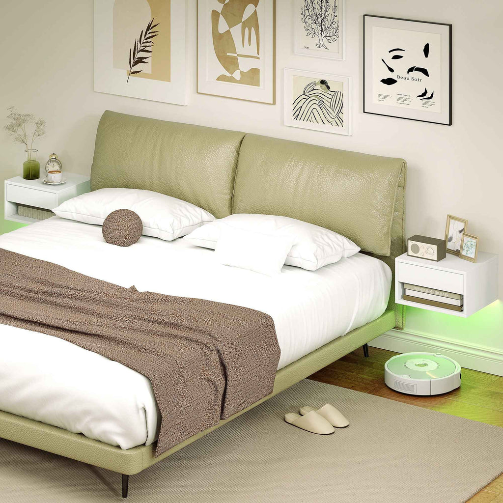 HOMCOM Set of 2 Wall-Mounted Bedside Tables with Built-in RGB LED Lights and APP Control, Drawer and Shelf, 37x32x21 cm, White