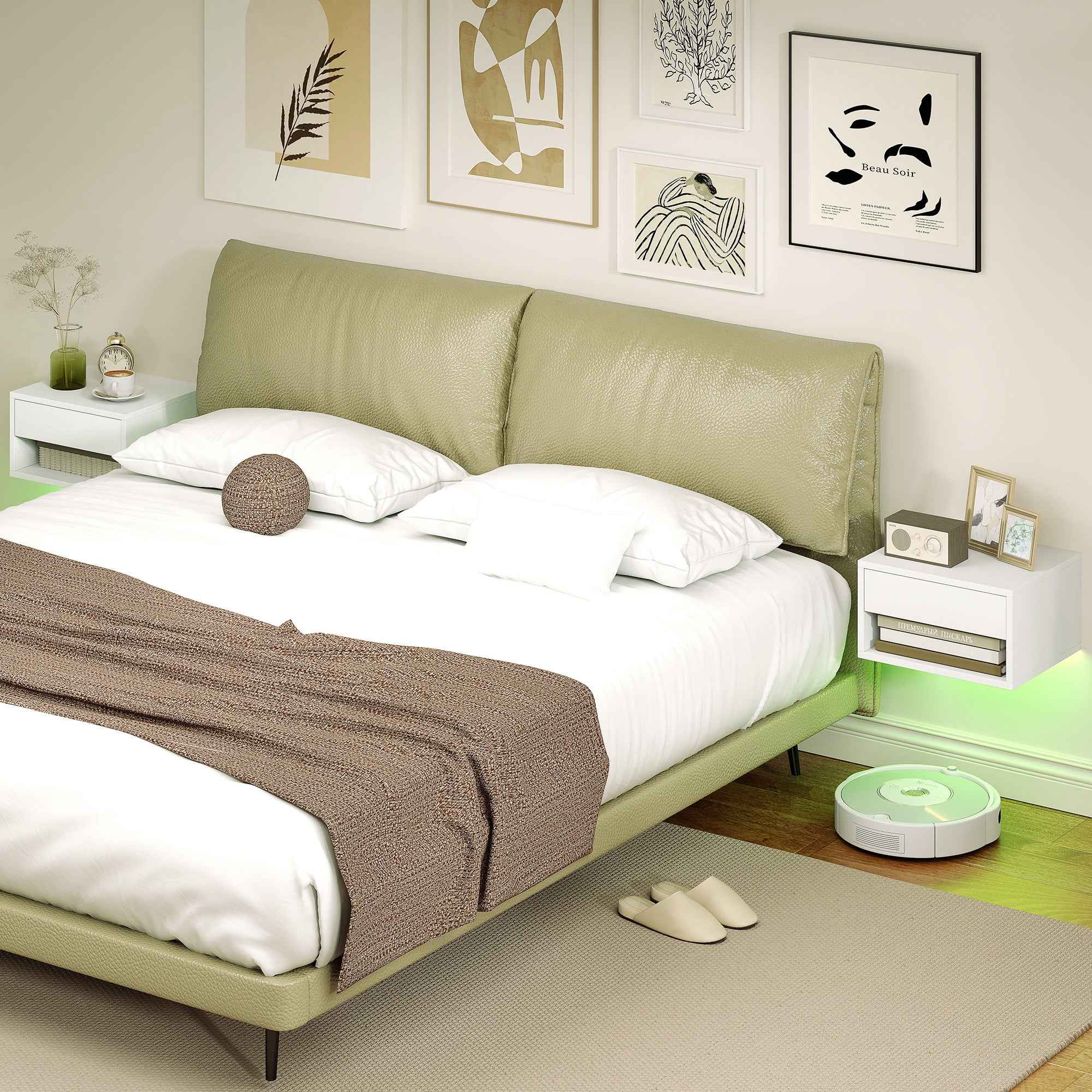 HOMCOM Set of 2 Wall-Mounted Bedside Tables with Built-in RGB LED Lights and APP Control, Drawer and Shelf, 37x32x21 cm, White