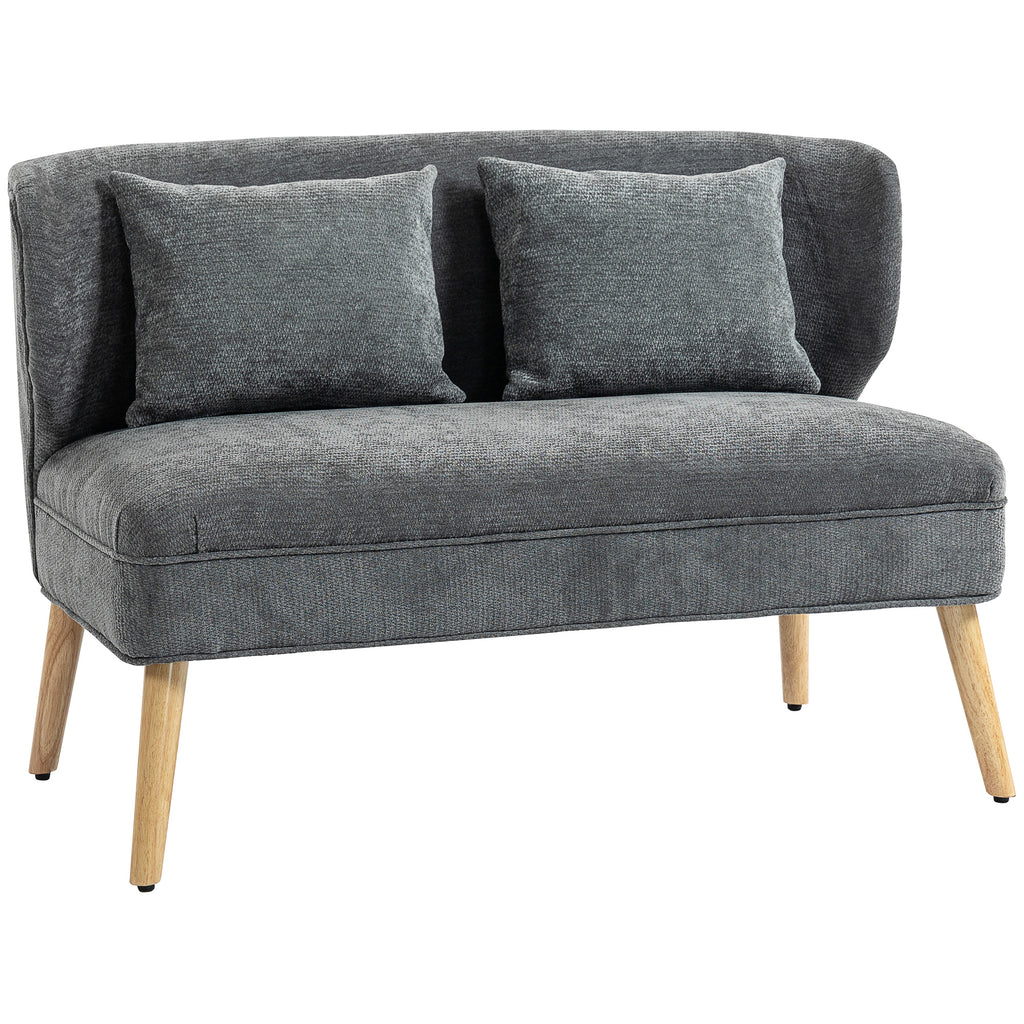HOMCOM 2-Seater Chenille Sofa with Wide Seat, Thick Padding, 2 Cushions, Rubber Wood Legs, Grey
